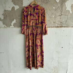 Vintage 70s Purple Paisley Maxi Dress Celanese Knit High Neck‎ Long Sleeve M